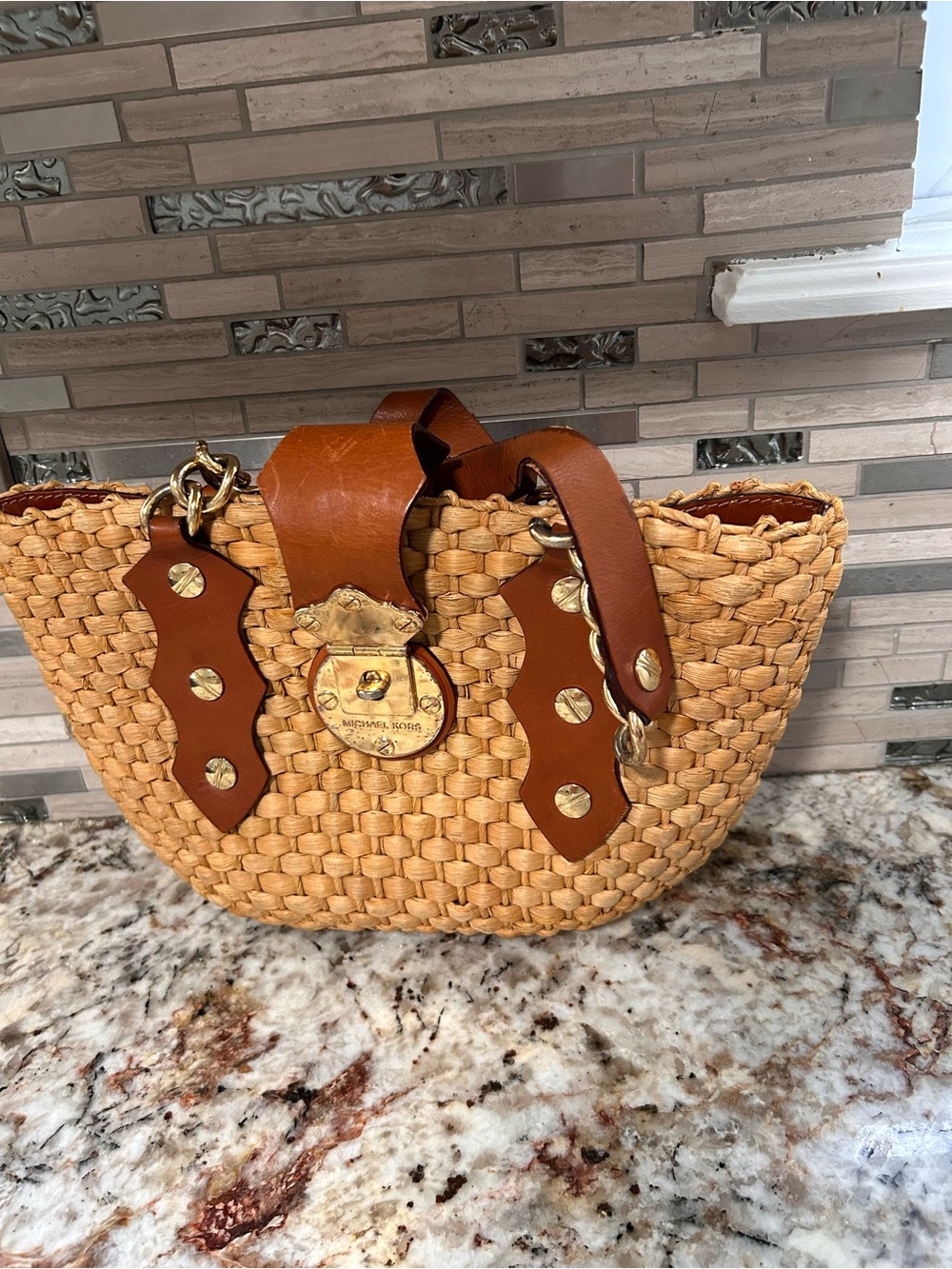 Michael Kors Woven Straw Tote with Brown Leather Trim and Gold Hardware/ rare - Picture 4 of 8